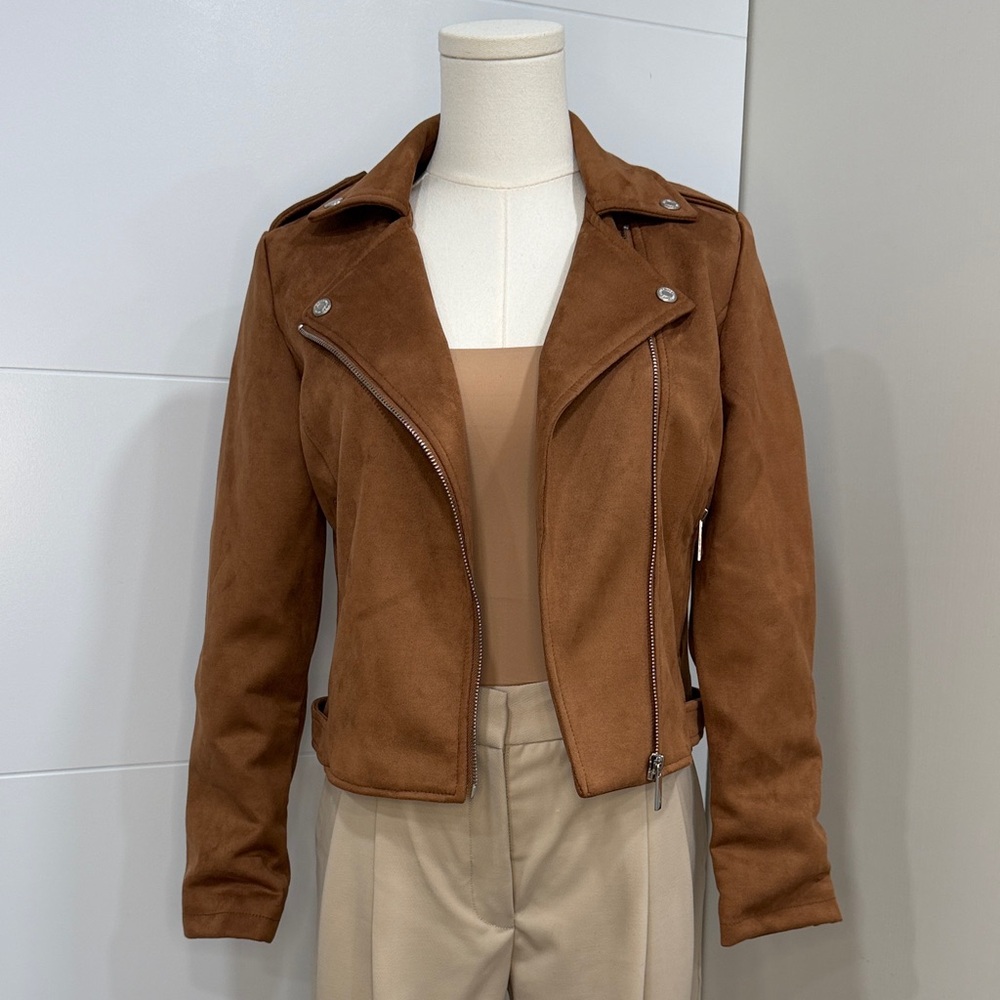 Faux Suede Moto Jacket - Camel Brown